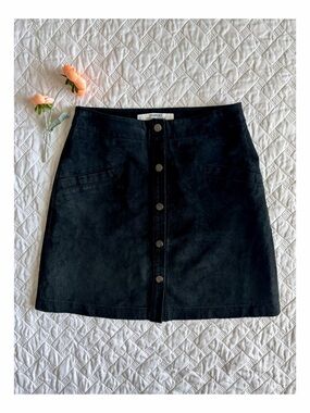 Mango Genuine Leather Black Suede Mini Skirt Snap Front A-Line Size US 2 EU 34
